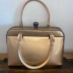 Isabelle Vegan Leather Gold w Black Clasp Crystal Crown Handbag NWT